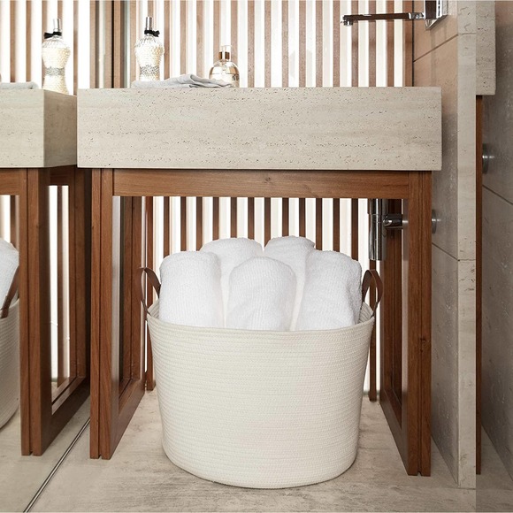 OrganiHaus XXL Cotton Rope Basket with Leather Handles Wide 20"x13.3" - Picture 3 of 6